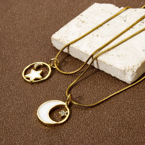 Picture of Eco-friendly Brass Galaxy Charms 18K Real Gold Plated Enamel Round Micro Pave Clear Cubic Zirconia 19mm x 14mm