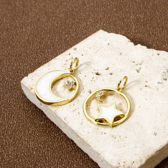 Picture of Eco-friendly Brass Galaxy Charms 18K Real Gold Plated Enamel Round Micro Pave Clear Cubic Zirconia 19mm x 14mm