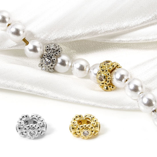 Image de 2 Pcs Perles d'Espacement Accessories pour DIY Fabrication de Bijoux de Bracelet Collection Végétale en Laiton Respectueux de la Nature Plaqué Or Véritable 18K Fleur Micro Pave à Zircone Cubique Clair 9mm Dia.