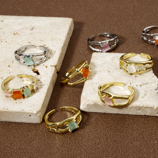 Image de 1 Pièce Bagues Ouvert en Laiton & Résine Respectueux de la Nature À la Mode Plaqué Or Véritable Pour Femmes 16.9mm (Taille d'US 6.5)
