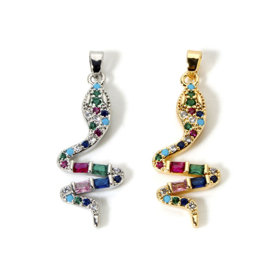 Picture of Eco-friendly Brass Pendants Real Gold Plated Snake Animal Micro Pave Multicolour Cubic Zirconia 3.7cm x 1.3cm