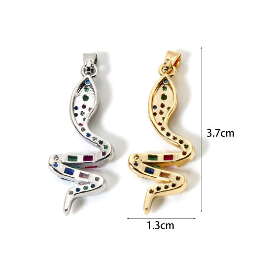 Picture of Eco-friendly Brass Pendants Real Gold Plated Snake Animal Micro Pave Multicolour Cubic Zirconia 3.7cm x 1.3cm