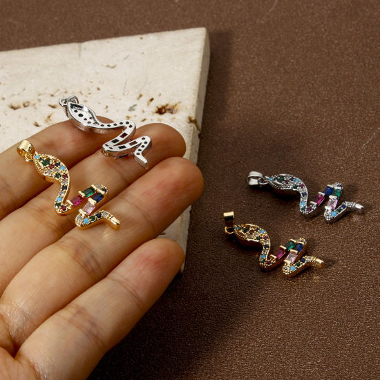 Picture of Eco-friendly Brass Pendants Real Gold Plated Snake Animal Micro Pave Multicolour Cubic Zirconia 3.7cm x 1.3cm