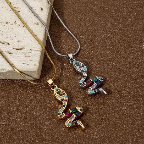 Picture of Eco-friendly Brass Pendants Real Gold Plated Snake Animal Micro Pave Multicolour Cubic Zirconia 3.7cm x 1.3cm