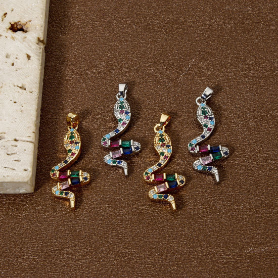 Picture of Eco-friendly Brass Pendants Real Gold Plated Snake Animal Micro Pave Multicolour Cubic Zirconia 3.7cm x 1.3cm