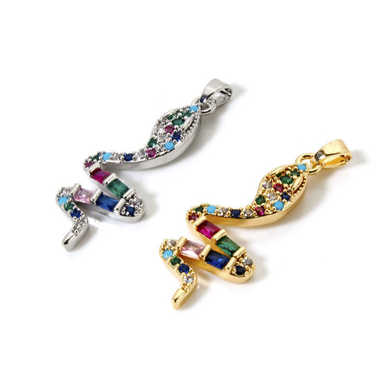 Picture of Eco-friendly Brass Pendants Real Gold Plated Snake Animal Micro Pave Multicolour Cubic Zirconia 3.7cm x 1.3cm