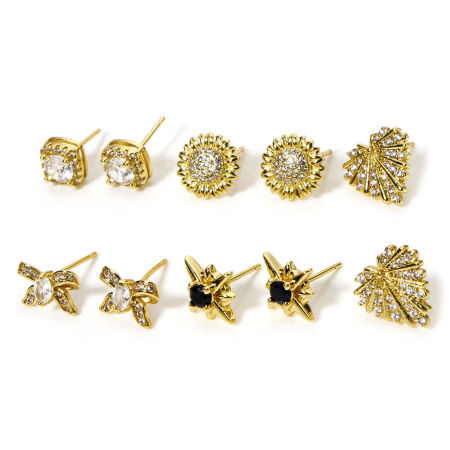 Eco-friendly Stylish Exquisite 18K Real Gold Plated Brass & Cubic Zirconia Ear Post Stud Earrings For Women