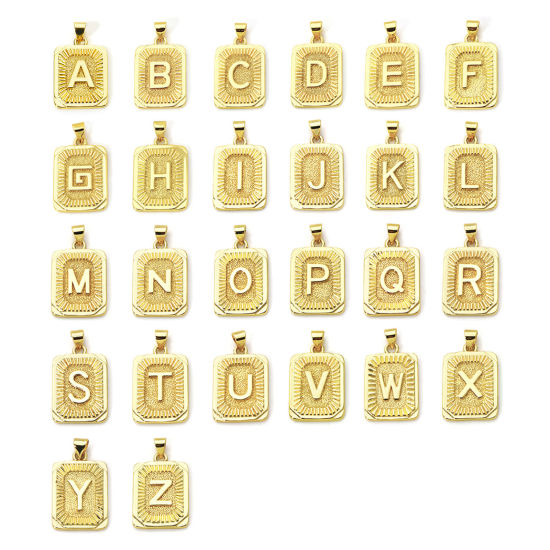 Picture of Eco-friendly Brass Charm Pendant 18K Real Gold Plated Rectangle Capital Alphabet Initial Letter Message " A-Z " 27mm x 16mm