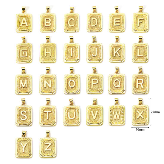 Picture of Eco-friendly Brass Charm Pendant 18K Real Gold Plated Rectangle Capital Alphabet Initial Letter Message " A-Z " 27mm x 16mm