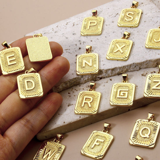 Picture of Eco-friendly Brass Charm Pendant 18K Real Gold Plated Rectangle Capital Alphabet Initial Letter Message " A-Z " 27mm x 16mm