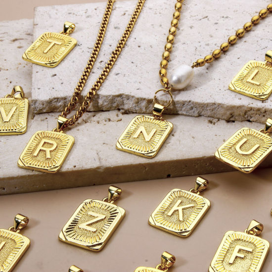 Picture of Eco-friendly Brass Charm Pendant 18K Real Gold Plated Rectangle Capital Alphabet Initial Letter Message " A-Z " 27mm x 16mm