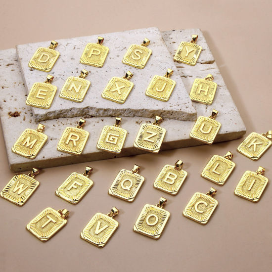 Picture of Eco-friendly Brass Charm Pendant 18K Real Gold Plated Rectangle Capital Alphabet Initial Letter Message " A-Z " 27mm x 16mm
