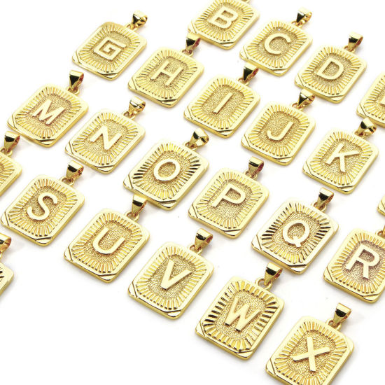 Picture of Eco-friendly Brass Charm Pendant 18K Real Gold Plated Rectangle Capital Alphabet Initial Letter Message " A-Z " 27mm x 16mm