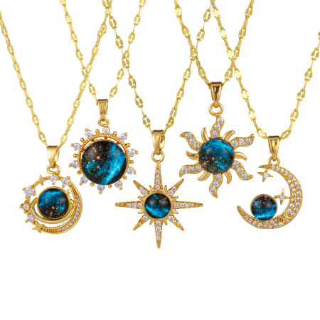 Eco-friendly Exquisite Starry Sky Planet Luxury Inlaid Zircon Galaxy 18K Real Gold Plated Brass & Glass Lips Chain Pendant Charm Necklace For Women 45cm(17.7") + 5cm(2") long