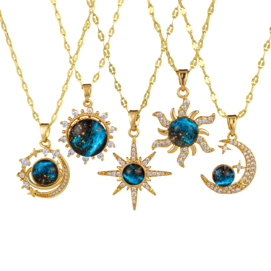 Image de 1 Pièce Collier à Pendentif Chaîne Maille Lèvres Galaxie en Laiton & Verre Respectueux de la Nature Plaqué Or Véritable 18K Pour Femmes 45cm + 5cm long