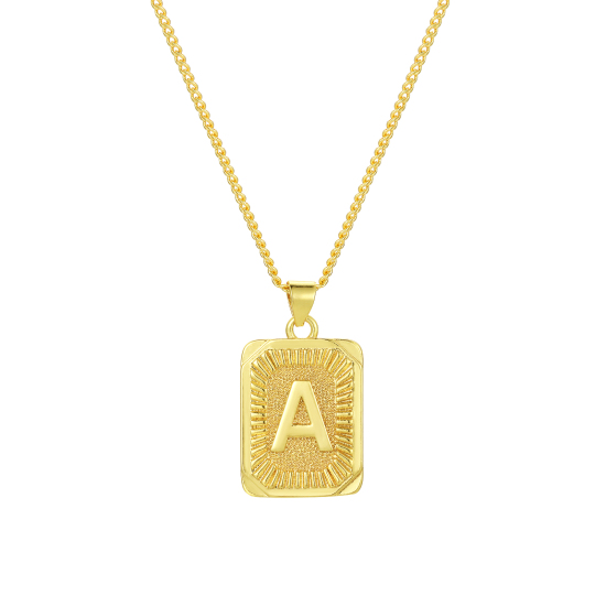 Imagen de 1 Unidad Respetuoso del Medio Ambiente Elegante Letra Mayúscula 18K Oro Real Chapado Latón Cadenas de Curb Rectángulo Raya Mensaje " A-Z " Collar con Colgante Unisexo 45cm + 5cm longitud
