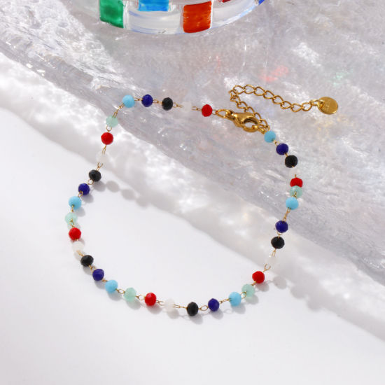 Picture of Eco-friendly Vacuum Plating Stylish 18K Gold Plated 304 Stainless Steel & Glass Beaded Chain Anklet For Women Gift 22cm(8.7") long