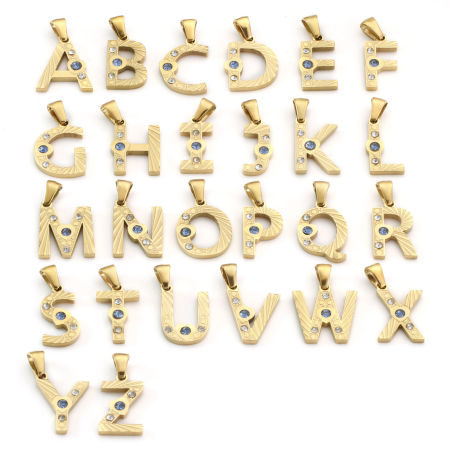 Eco-friendly PVD Vacuum Plating 304 Stainless Steel Charm Pendant 18K Gold Plated Capital Alphabet Initial Letter Message " A-Z " Blue Cubic Zirconia