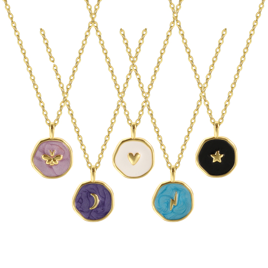Imagen de 1 Unidad Respetuoso del Medio Ambiente Elegante Estilo Ins 18K Oro Real Chapado Latón Cadena de Cable Cruz Ronda Disco Esmalte Collar con Colgante Para Mujeres Regalo 46cm + 6cm longitud