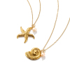 Imagen de 1 Unidad Recubrimiento al Vacío PVD Ecológico Barroco Joyería del océano 18K Oro Real Chapado Acero Inoxidable 304 & Perla Natural Cadena de Cable Cruz Collar con Colgante Para Mujeres Regalo 45cm + 5cm longitud