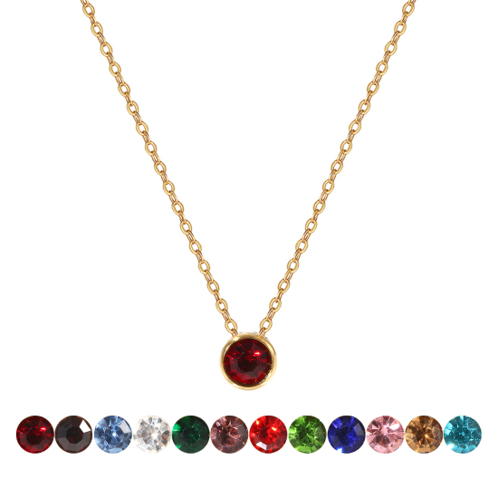 Bild von 1 Piece Eco-friendly PVD Vacuum Plating Exquisite Birthstone 18K Real Gold Plated 304 Stainless Steel & Rhinestone Link Cable Chain Round Pendant Charm Necklace For Women Gift 45cm(17.7") + 5cm(2") long