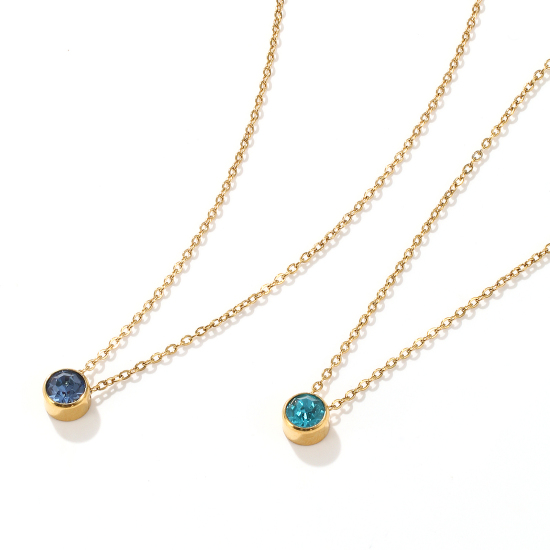 Bild von 1 Piece Eco-friendly PVD Vacuum Plating Exquisite Birthstone 18K Real Gold Plated 304 Stainless Steel & Rhinestone Link Cable Chain Round Pendant Charm Necklace For Women Gift 45cm(17.7") + 5cm(2") long