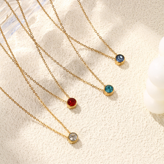 Bild von 1 Piece Eco-friendly PVD Vacuum Plating Exquisite Birthstone 18K Real Gold Plated 304 Stainless Steel & Rhinestone Link Cable Chain Round Pendant Charm Necklace For Women Gift 45cm(17.7") + 5cm(2") long