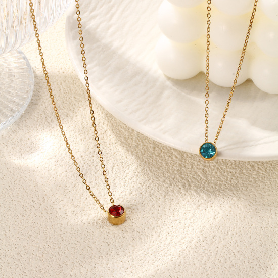 Bild von 1 Piece Eco-friendly PVD Vacuum Plating Exquisite Birthstone 18K Real Gold Plated 304 Stainless Steel & Rhinestone Link Cable Chain Round Pendant Charm Necklace For Women Gift 45cm(17.7") + 5cm(2") long