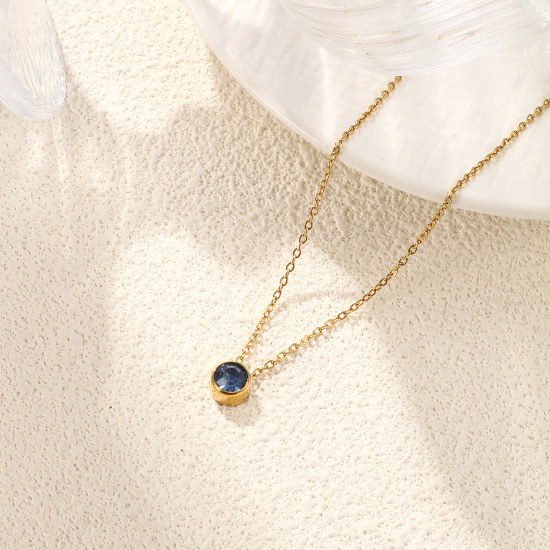 Bild von 1 Piece Eco-friendly PVD Vacuum Plating Exquisite Birthstone 18K Real Gold Plated 304 Stainless Steel & Rhinestone Link Cable Chain Round Pendant Charm Necklace For Women Gift 45cm(17.7") + 5cm(2") long