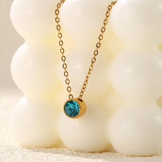 Bild von 1 Piece Eco-friendly PVD Vacuum Plating Exquisite Birthstone 18K Real Gold Plated 304 Stainless Steel & Rhinestone Link Cable Chain Round Pendant Charm Necklace For Women Gift 45cm(17.7") + 5cm(2") long