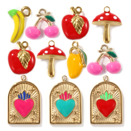 1 Unidad Recubrimiento al Vacío PVD Ecológico 304 Acero Inoxidable Colgantes 18K Oro Real Chapado Multicolor Esmalte Fruta Corazón Exvoto