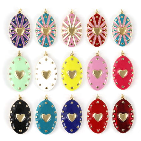 Eco-friendly Brass Valentine's Day Pendants 18K Real Gold Plated Enamel Oval Heart Clear Cubic Zirconia 4.1cm x 2.1cm