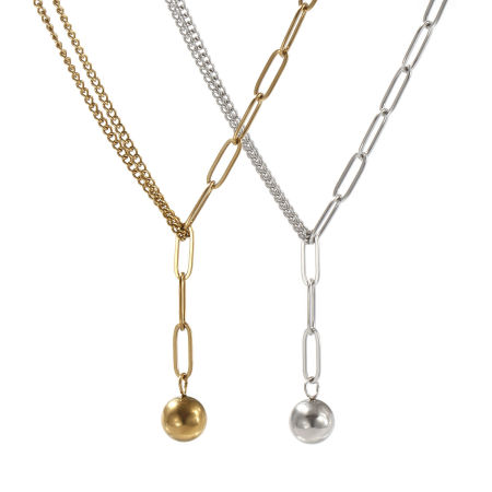 Eco-friendly Stylish Double Layer 304 Stainless Steel Paperclip Link Chain Ball Pendant Charm Necklace For Women Gift 51cm(20.1") long