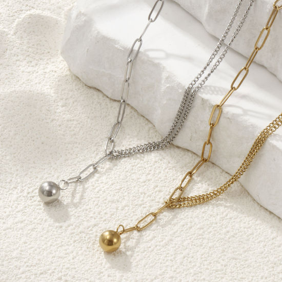 Image de 1 Piece Stylish Double Layer 304 Stainless Steel Paperclip Link Chain With Pendant Necklace 51cm(20.1") long