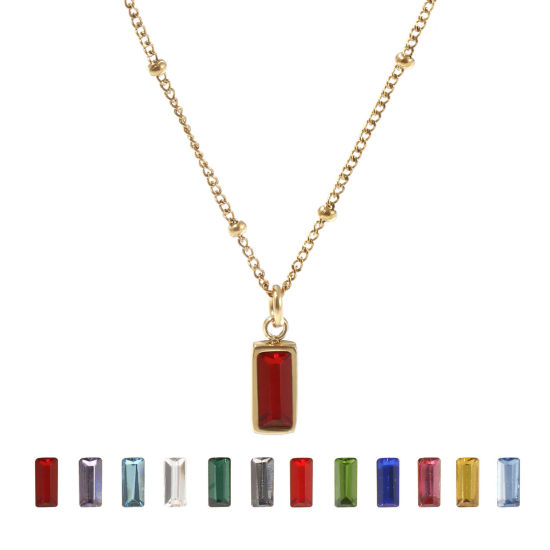 Image de 1 Piece Eco-friendly PVD Vacuum Plating Exquisite Birthstone 18K Real Gold Plated 304 Stainless Steel & Cubic Zirconia Curb Link Chain Rectangle Pendant Charm Necklace For Women Gift 45cm(17.7") + 5cm(2") long