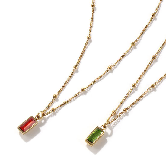 Image de 1 Piece Eco-friendly PVD Vacuum Plating Exquisite Birthstone 18K Real Gold Plated 304 Stainless Steel & Cubic Zirconia Curb Link Chain Rectangle Pendant Charm Necklace For Women Gift 45cm(17.7") + 5cm(2") long