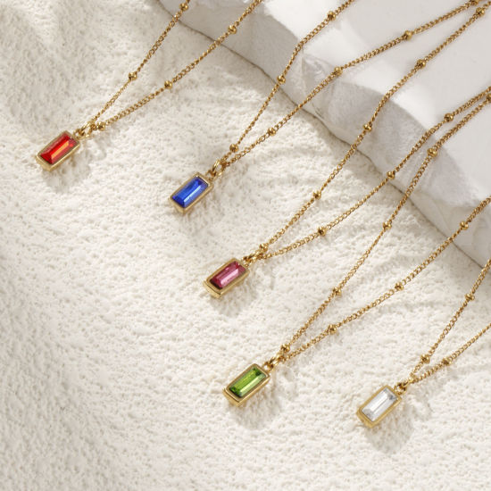 Image de 1 Piece Eco-friendly PVD Vacuum Plating Exquisite Birthstone 18K Real Gold Plated 304 Stainless Steel & Cubic Zirconia Curb Link Chain Rectangle Pendant Charm Necklace For Women Gift 45cm(17.7") + 5cm(2") long