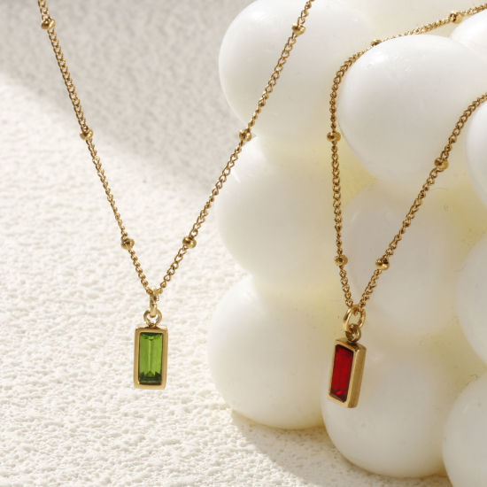 Image de 1 Piece Eco-friendly PVD Vacuum Plating Exquisite Birthstone 18K Real Gold Plated 304 Stainless Steel & Cubic Zirconia Curb Link Chain Rectangle Pendant Charm Necklace For Women Gift 45cm(17.7") + 5cm(2") long