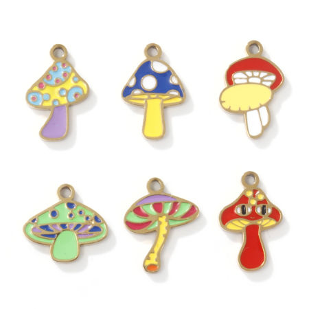 Eco-friendly PVD Vacuum Plating 304 Stainless Steel Charms 18K Gold Plated Multicolor Mushroom Enamel