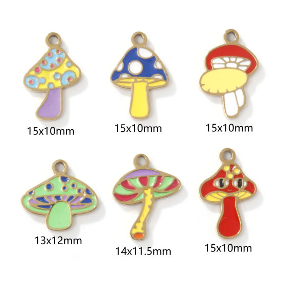 Bild von 2 PCs Eco-friendly PVD Vacuum Plating 304 Stainless Steel Charms 18K Gold Plated Mushroom Enamel