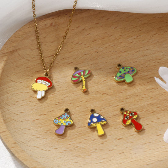Bild von 2 PCs Eco-friendly PVD Vacuum Plating 304 Stainless Steel Charms 18K Gold Plated Mushroom Enamel