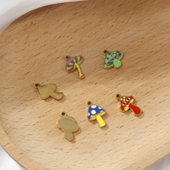 Bild von 2 PCs Eco-friendly PVD Vacuum Plating 304 Stainless Steel Charms 18K Gold Plated Mushroom Enamel