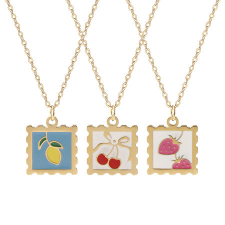 Eco-friendly PVD Vacuum Plating Sweet & Cute 18K Real Gold Plated Multicolor 304 Stainless Steel Link Cable Chain Square Fruit Enamel Pendant Charm Necklace For Women Gift 45cm(17.7") + 5cm(2") long