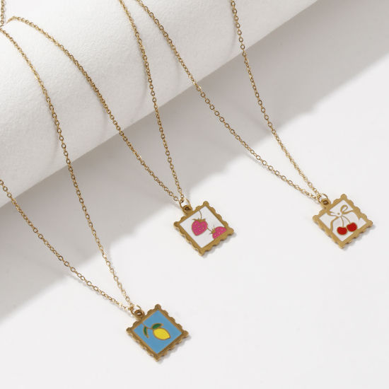 Изображение 1 ШТ Экологичное вакуумное PVD-покрытие Сладкий & милый 18K настоящее золото с покрытием Разноцветный 304 Нержавеющая Сталь Кабельные Цепи Квадратные Фрукты С Эмалью Ожерелье с подвеской Для женщин подарок 45см + 5см длина