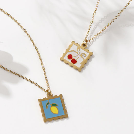 Изображение 1 ШТ Экологичное вакуумное PVD-покрытие Сладкий & милый 18K настоящее золото с покрытием Разноцветный 304 Нержавеющая Сталь Кабельные Цепи Квадратные Фрукты С Эмалью Ожерелье с подвеской Для женщин подарок 45см + 5см длина