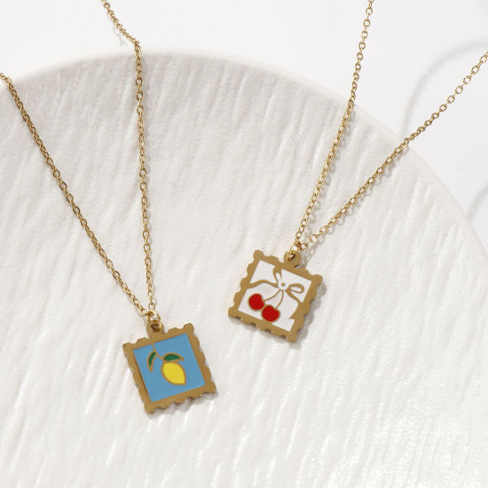 Изображение 1 ШТ Экологичное вакуумное PVD-покрытие Сладкий & милый 18K настоящее золото с покрытием Разноцветный 304 Нержавеющая Сталь Кабельные Цепи Квадратные Фрукты С Эмалью Ожерелье с подвеской Для женщин подарок 45см + 5см длина