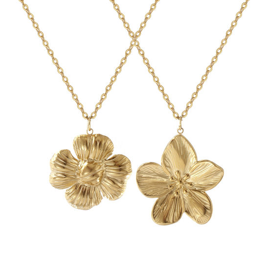 Image de 1 Pièce Collier à Pendentif Chaîne Maille Forçat Style Pastoral en 304 Acier Inoxydable Revêtement sous Vide PVD Respectueux de l'Environnement À la Mode Plaqué Or Véritable 18K Fleur Pour Femmes Cadeau 45cm + 5cm long