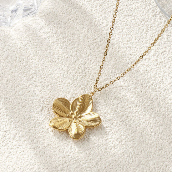 Image de 1 Pièce Collier à Pendentif Chaîne Maille Forçat Style Pastoral en 304 Acier Inoxydable Revêtement sous Vide PVD Respectueux de l'Environnement À la Mode Plaqué Or Véritable 18K Fleur Pour Femmes Cadeau 45cm + 5cm long