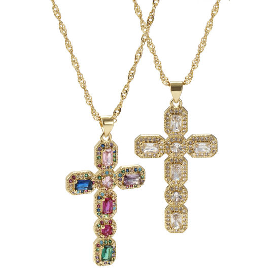 Immagine di 1 Pz Ecologico Retrò Religione 18K Vero Oro Placcato Ottone Catena d'Onda Croce Micro Spianare Collana con Ciondolo Unisex 45cm + 5cm Lunghezza