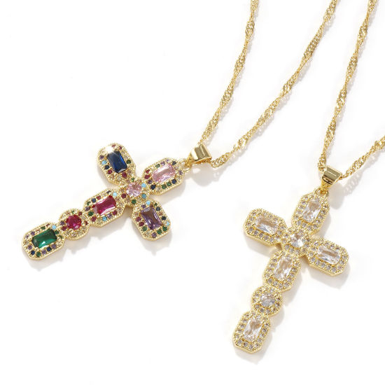 Immagine di 1 Pz Ecologico Retrò Religione 18K Vero Oro Placcato Ottone Catena d'Onda Croce Micro Spianare Collana con Ciondolo Unisex 45cm + 5cm Lunghezza